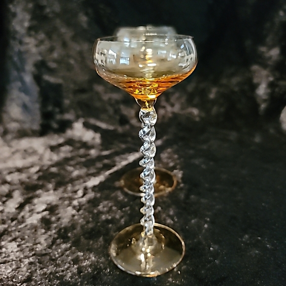 Vtg Amber Blown Glass Cordial Cocktail Glasses (2) Twisted Stem 5.5" tall - Picture 11 of 14